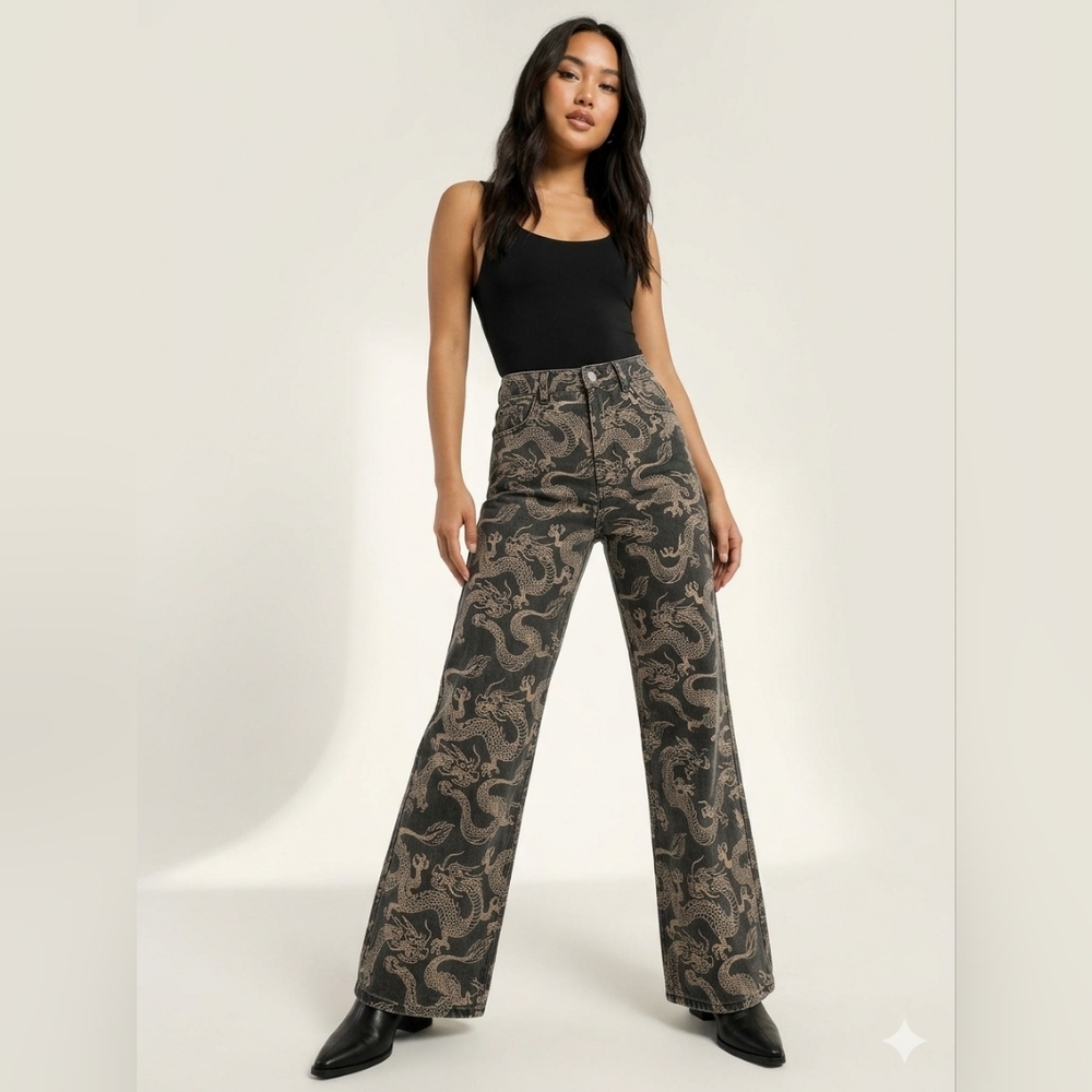 Princess Polly Black Jeans with Cream Dragon Print - Picture 1 of 3